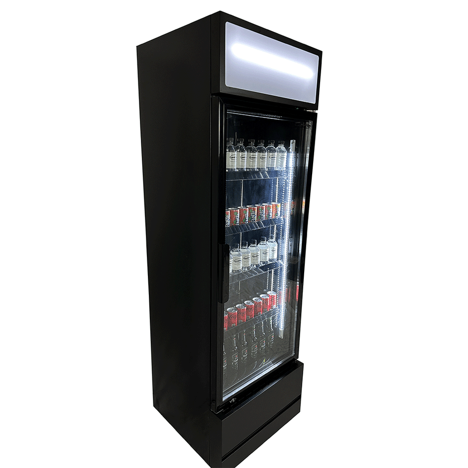 Vitrine verticale réfrigérée 1 porte noire à roulettes de 360L LED