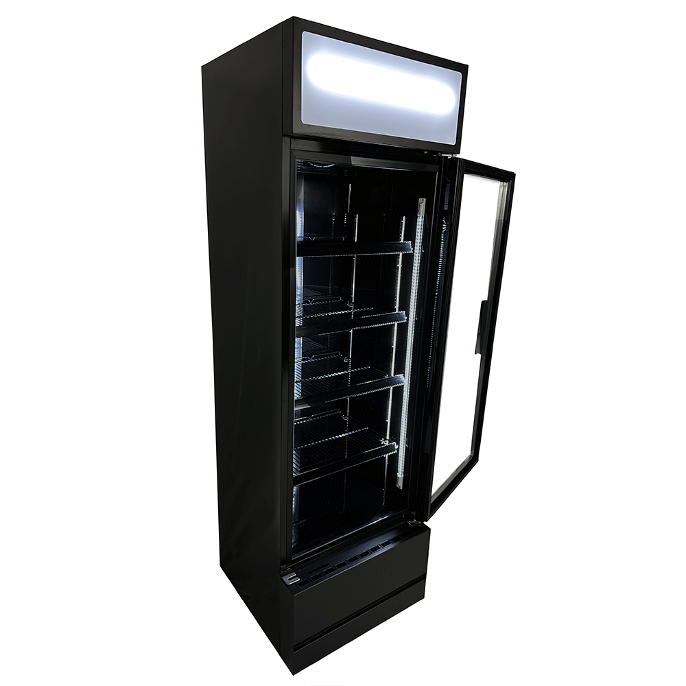 Vitrine verticale réfrigérée 1 porte noire à roulettes de 360L LED