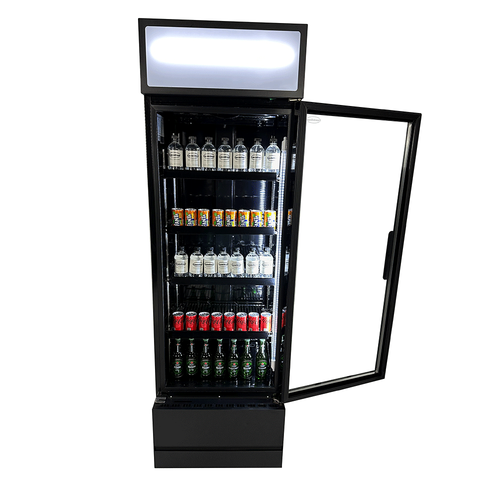 Vitrine verticale réfrigérée 1 porte noire à roulettes de 360L LED