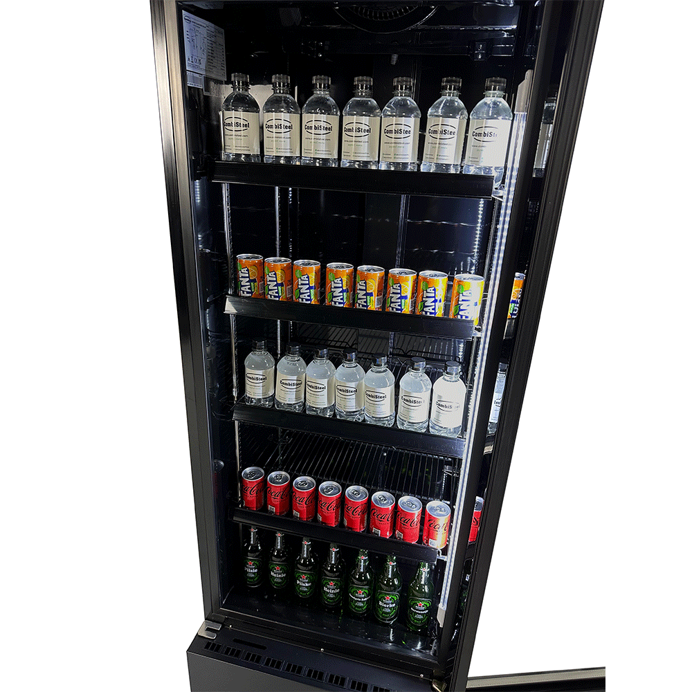 Vitrine verticale réfrigérée 1 porte noire à roulettes de 360L LED