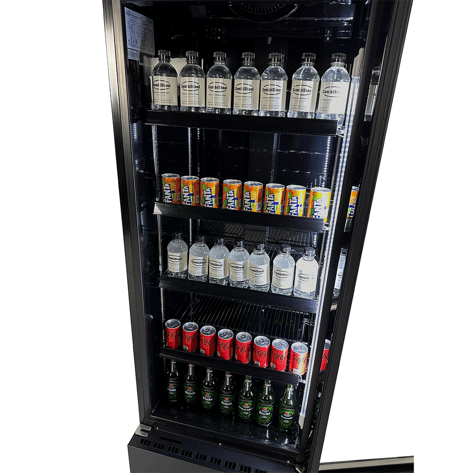 Vitrine verticale réfrigérée 1 porte noire à roulettes de 360L LED