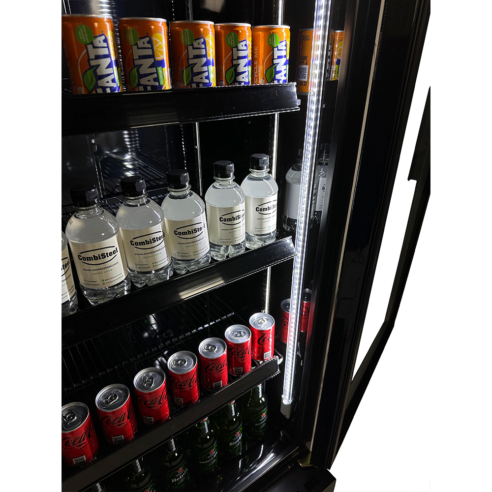 Vitrine verticale réfrigérée 1 porte noire à roulettes de 360L LED