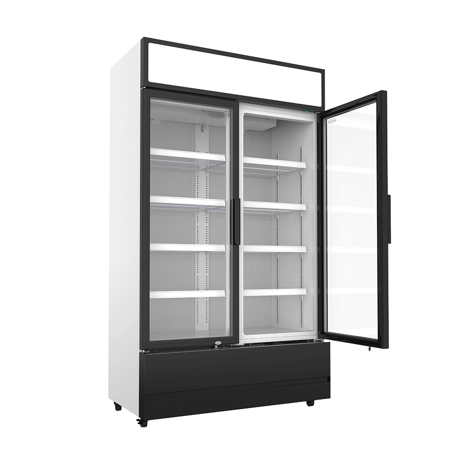 Vitrine verticale 2 portes blanche à roulettes de 670L LED
