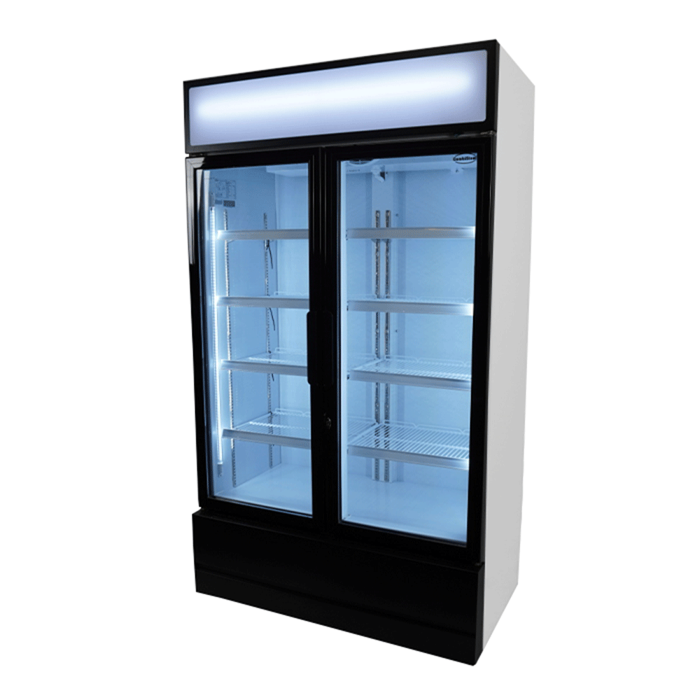 Vitrine verticale 2 portes blanche à roulettes de 670L LED