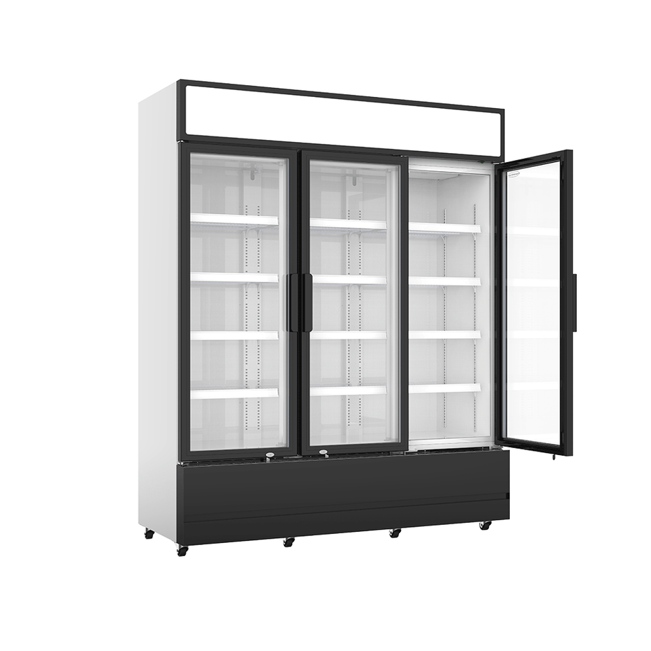 Vitrine verticale 3 portes blanche à roulettes de 1065L LED