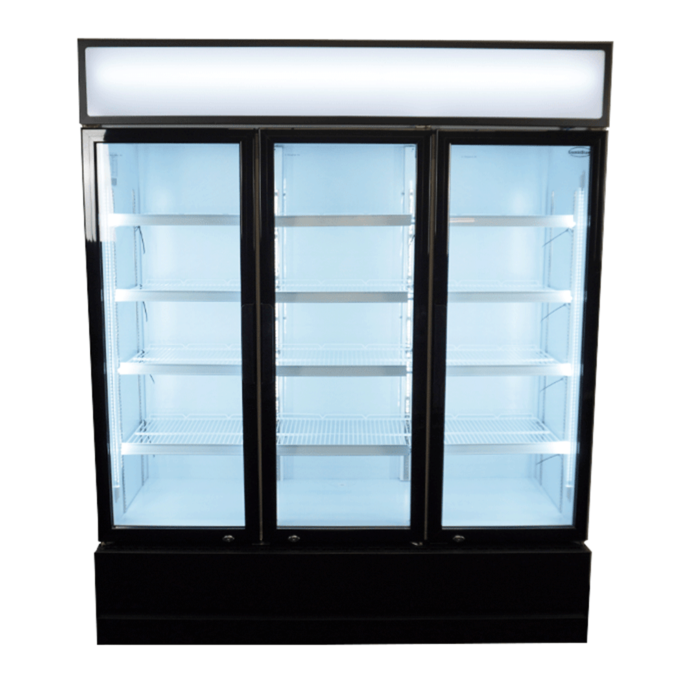 Vitrine verticale 3 portes blanche à roulettes de 1065L LED