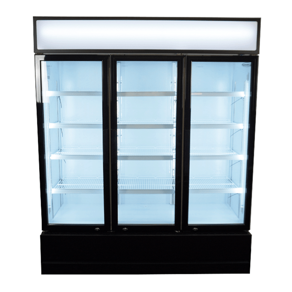 Vitrine verticale 3 portes blanche à roulettes de 1065L LED