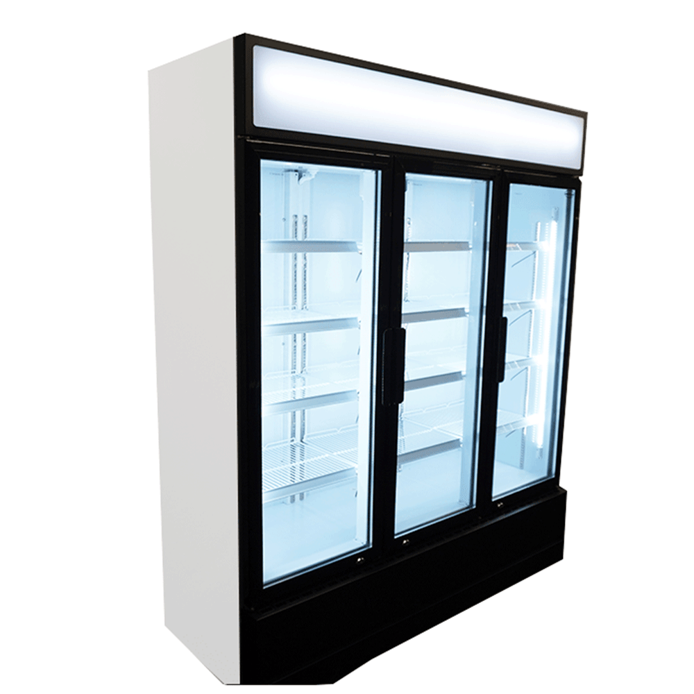 Vitrine verticale 3 portes blanche à roulettes de 1065L LED