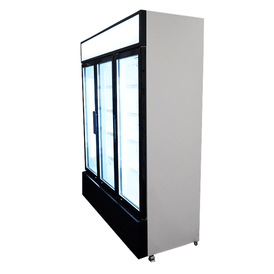 Vitrine verticale 3 portes blanche à roulettes de 1065L LED