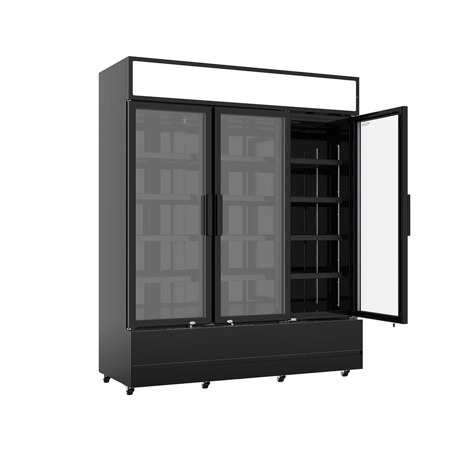 Vitrine verticale réfrigérée 3 portes noire à roulettes de 1065L LED