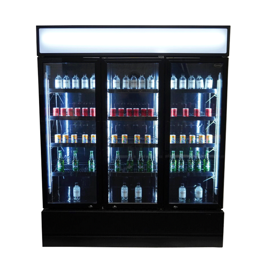 Vitrine verticale réfrigérée 3 portes noire à roulettes de 1065L LED
