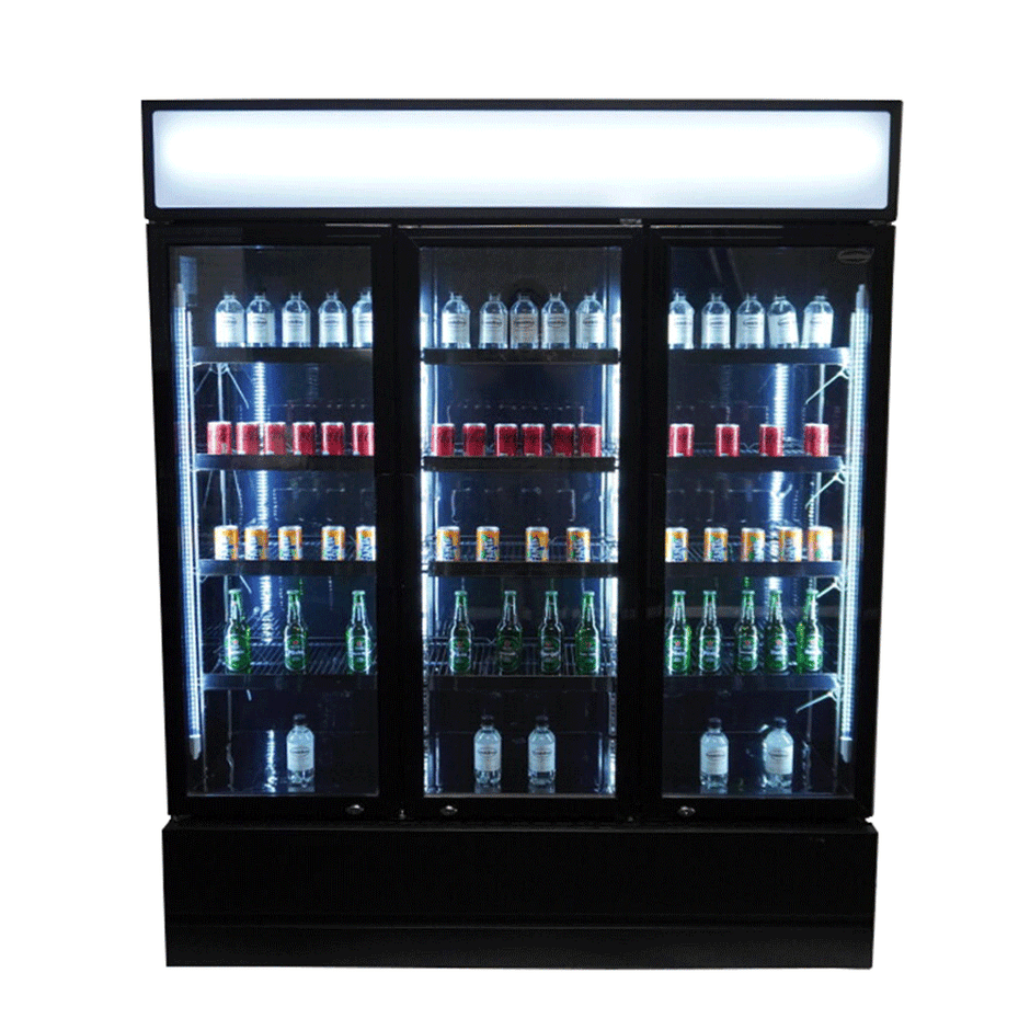 Vitrine verticale réfrigérée 3 portes noire à roulettes de 1065L LED