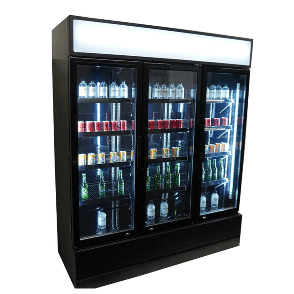Vitrine verticale réfrigérée 3 portes noire à roulettes de 1065L LED