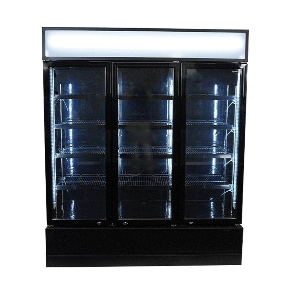 Vitrine verticale réfrigérée 3 portes noire à roulettes de 1065L LED