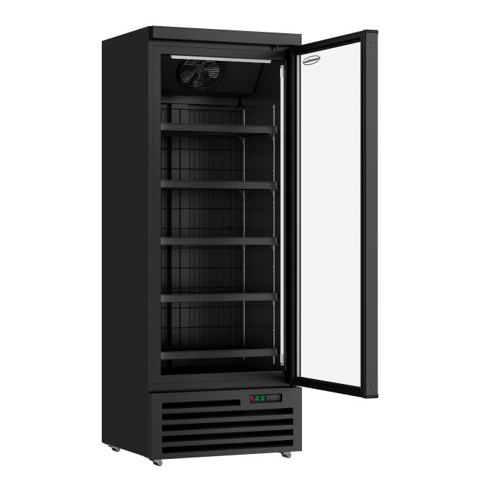 Congélateur professionnel 1 porte vitrée noir 600L à roulettes