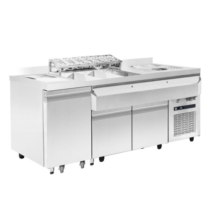 Station de bar cocktail professionnelle réfrigérée tout-en-un en inox avec 3 tiroirs réfrigérés