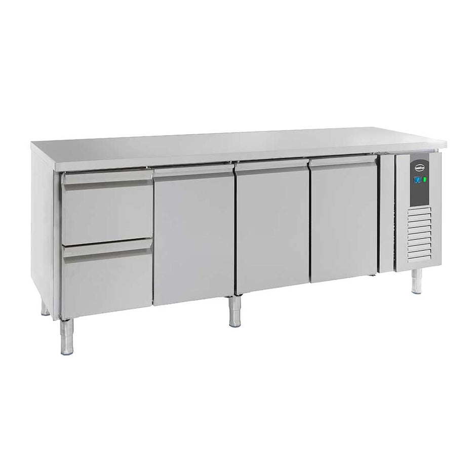 Bar réfrigéré sans rebord 2 tiroirs et 3 portes en inox avec pieds