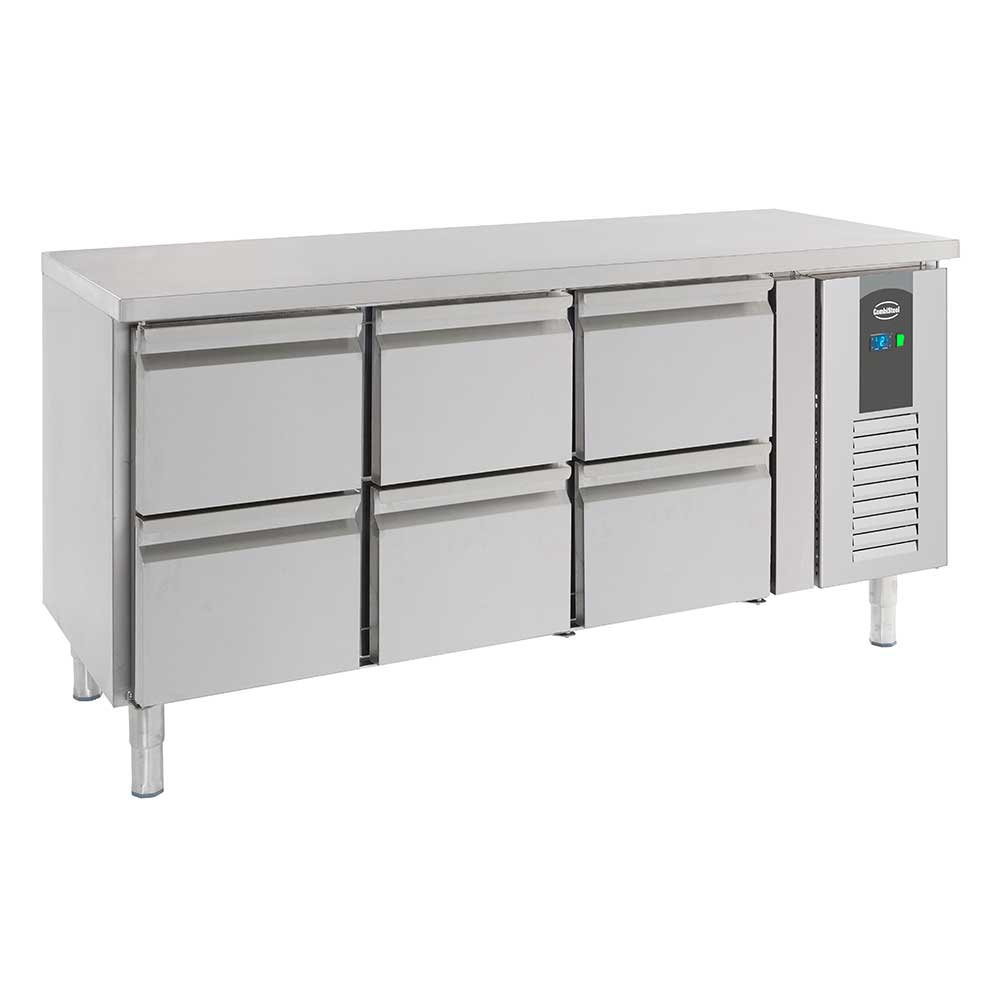 Bar réfrigéré sans rebord 6 tiroirs en inox avec pieds