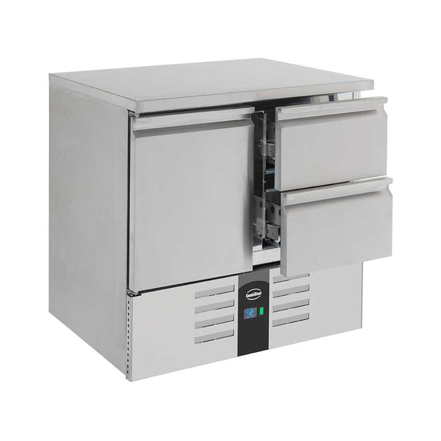 Bar réfrigéré sans rebord 2 tiroirs et 1 porte en inox sans pieds