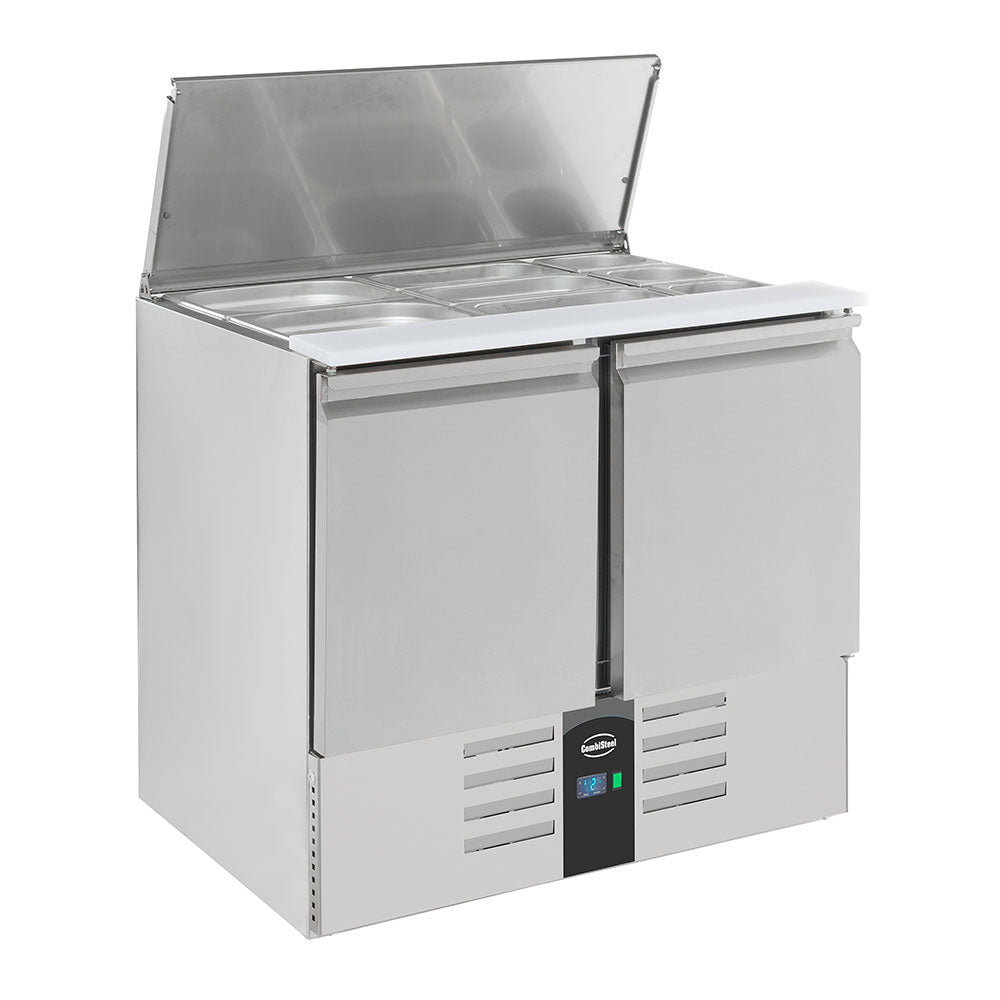 Bar réfrigéré 2 portes en inox avec 2 grands, 3 moyens et 3 petits bacs