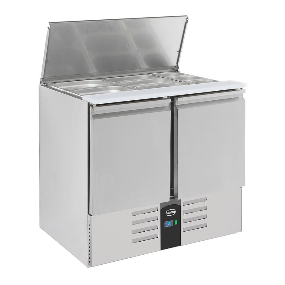 Bar réfrigéré 2 portes en inox avec 2 grands, 3 moyens et 3 petits bacs