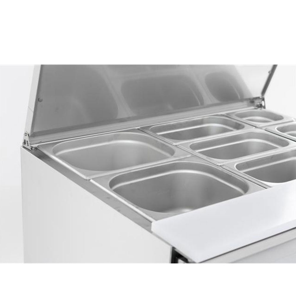Bar réfrigéré 2 portes en inox avec 2 grands, 3 moyens et 3 petits bacs