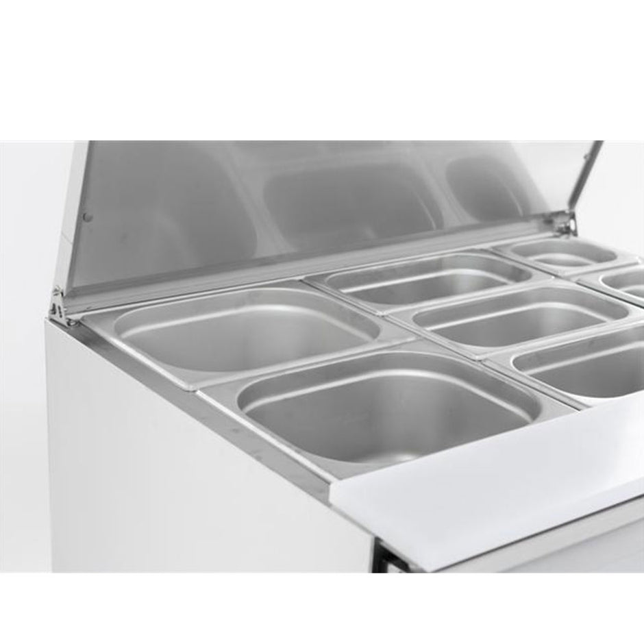 Bar réfrigéré 2 portes en inox avec 2 grands, 3 moyens et 3 petits bacs