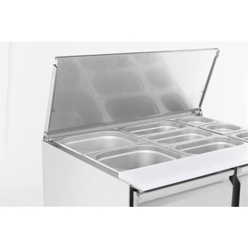 Bar réfrigéré 2 portes en inox avec 2 grands, 3 moyens et 3 petits bacs