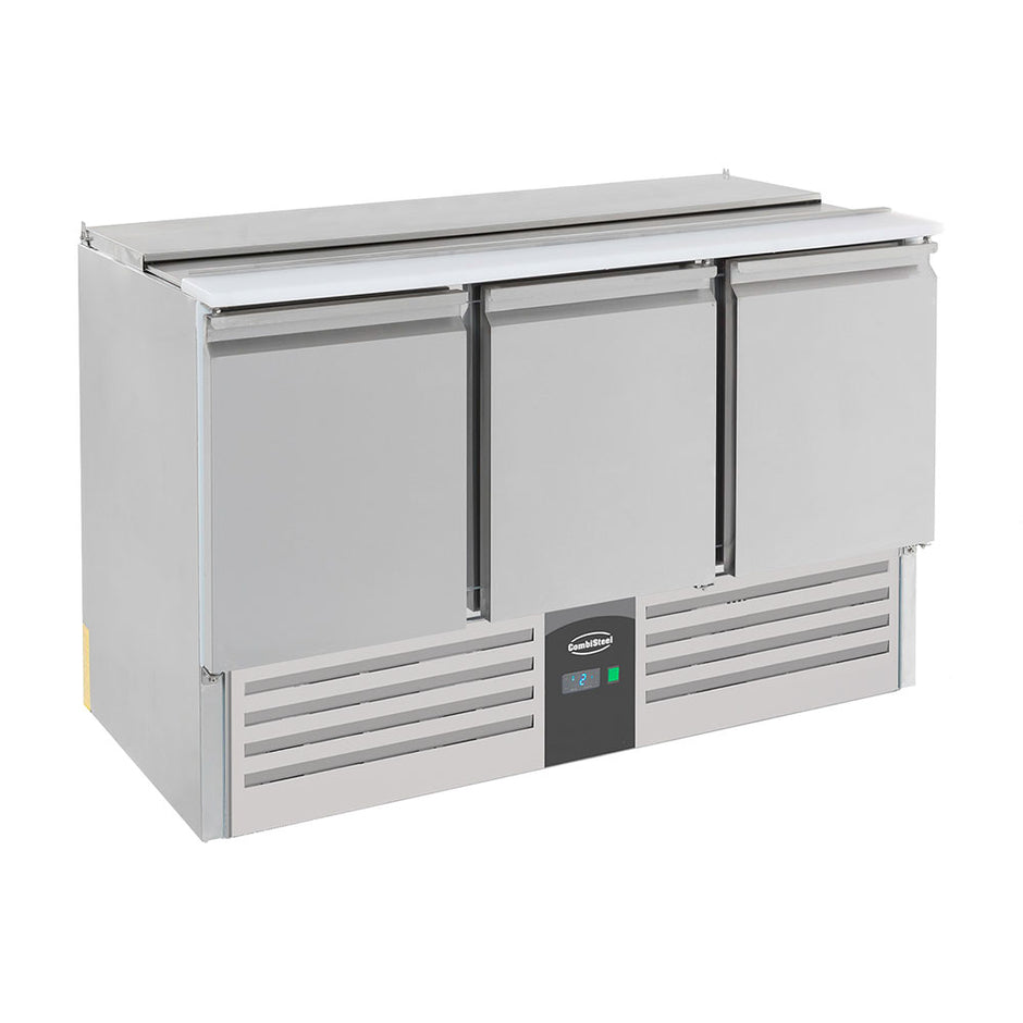 Bar réfrigéré sans rebord 3 portes en inox avec 6 grands et 3 moyens bacs