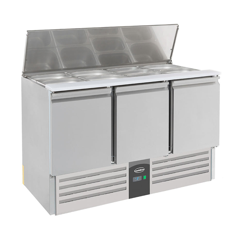 Bar réfrigéré sans rebord 3 portes en inox avec 6 grands et 3 moyens bacs