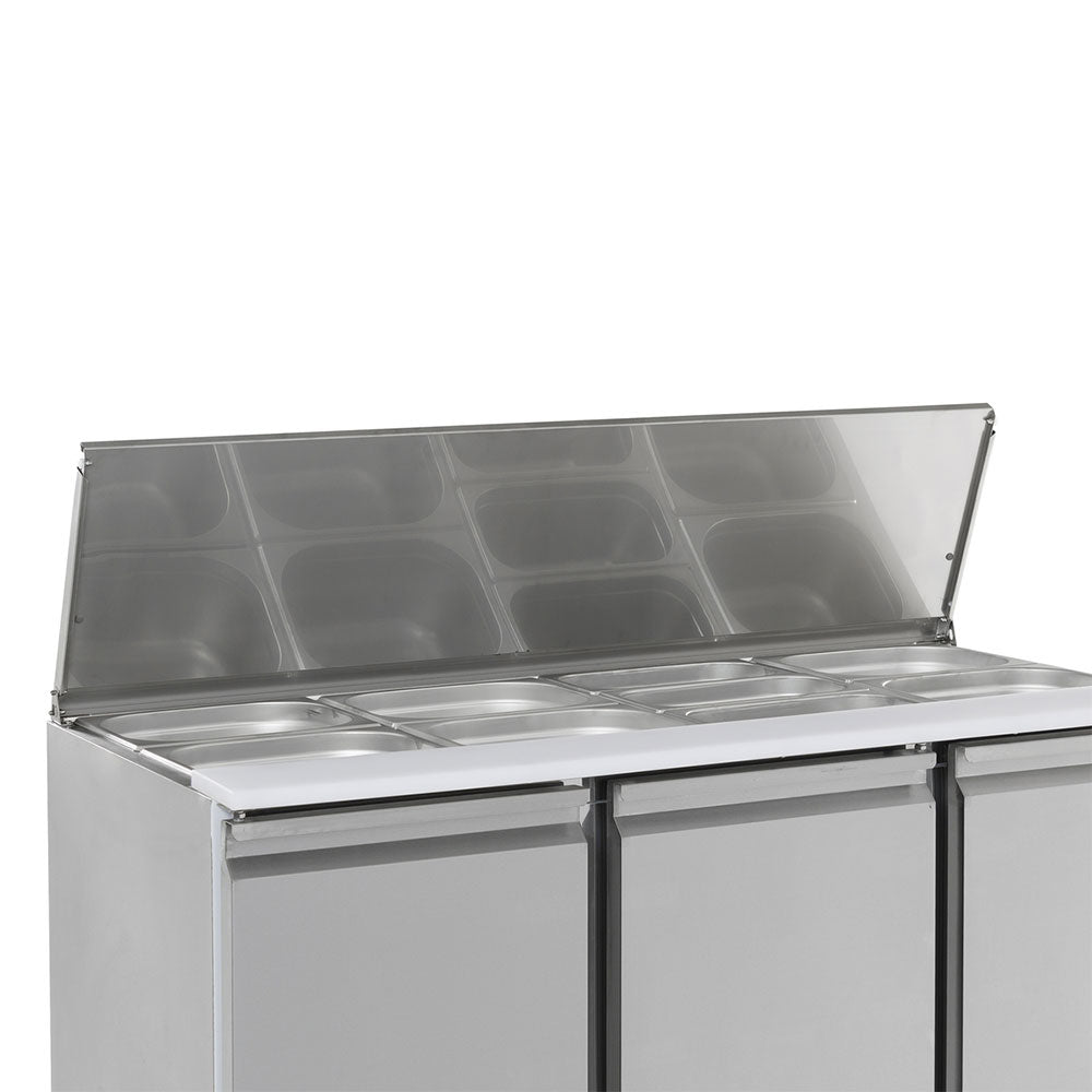 Bar réfrigéré sans rebord 3 portes en inox avec 6 grands et 3 moyens bacs