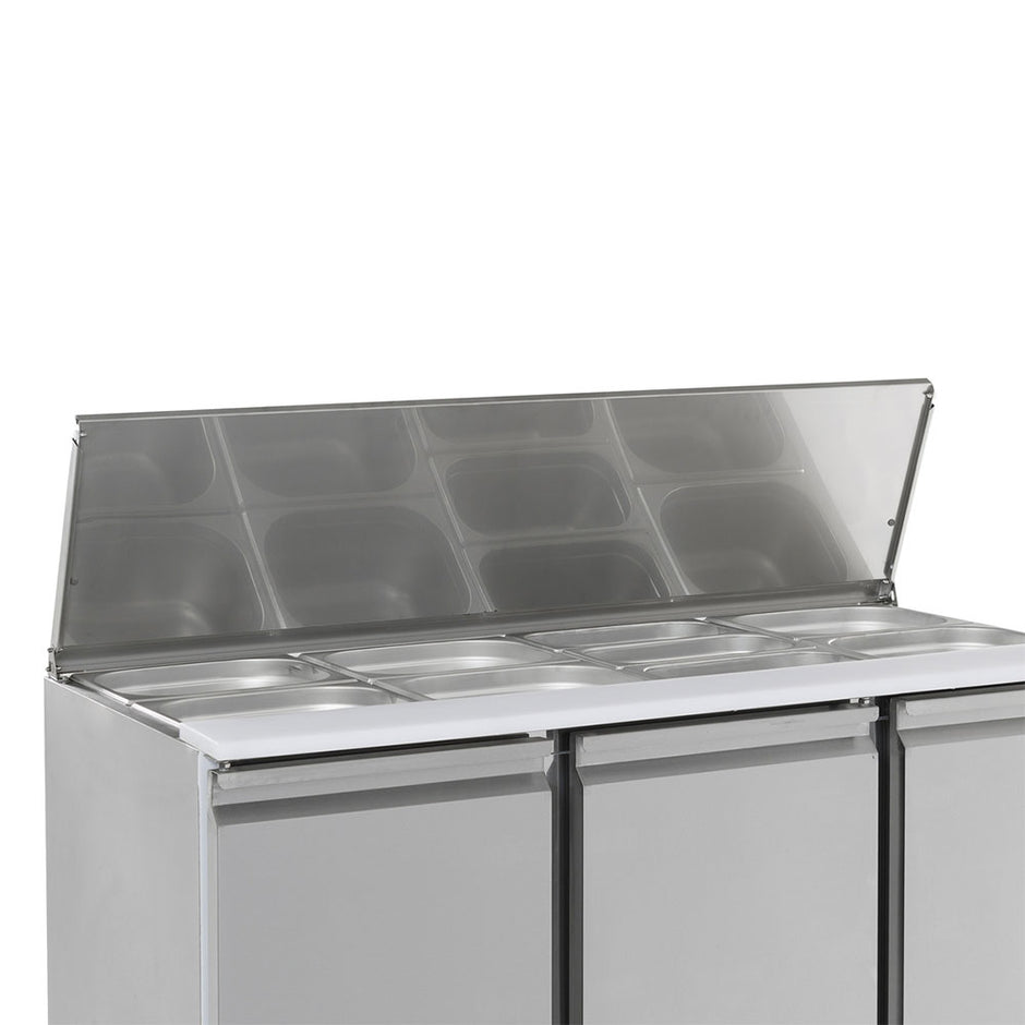 Bar réfrigéré sans rebord 3 portes en inox avec 6 grands et 3 moyens bacs