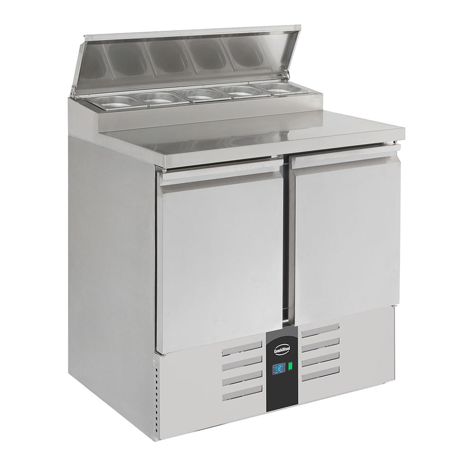 Bar réfrigéré avec rebord 2 portes en inox avec 5 petits bacs