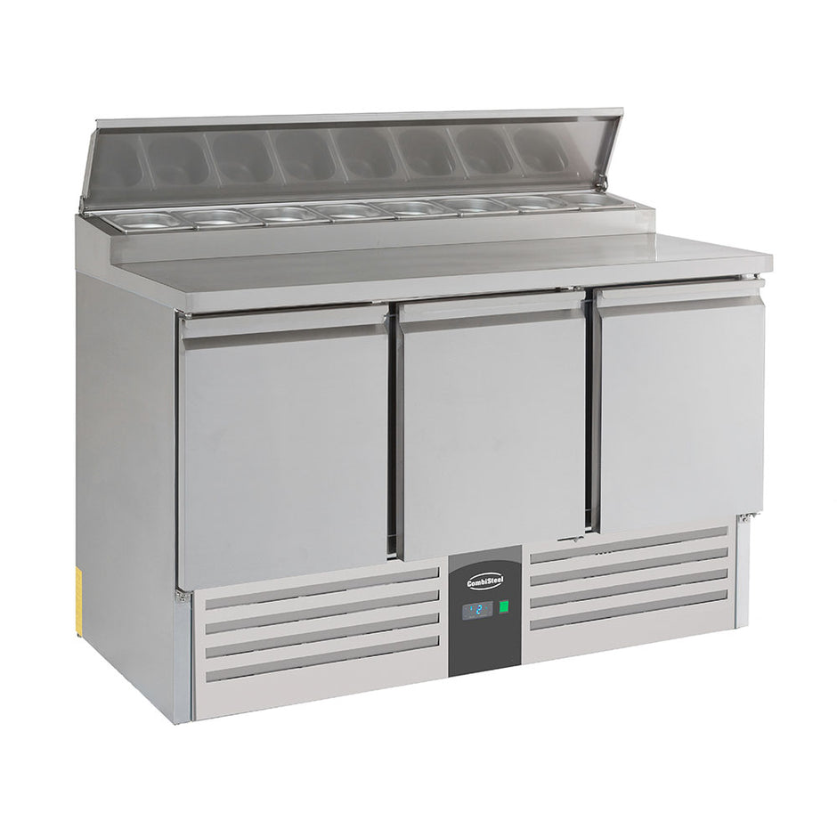 Bar réfrigéré avec rebord 3 portes en inox sans pieds avec 8 petits bac