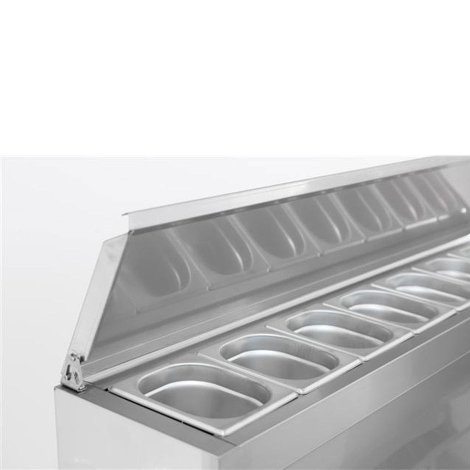 Bar réfrigéré avec rebord 3 portes en inox sans pieds avec 8 petits bac