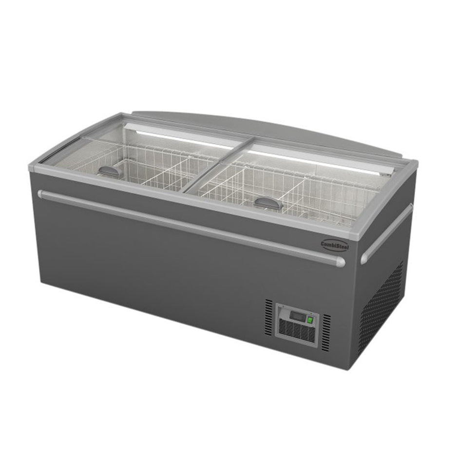 Bahut gris vitré avec ouverture verticale de 630L avec éclairage LED 1850 (Tête de gondole)