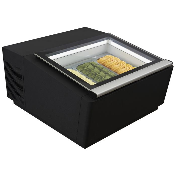 Vitrine professionnelle à crème glacée de comptoir noire 3×5L (ouverture côté intérieur)