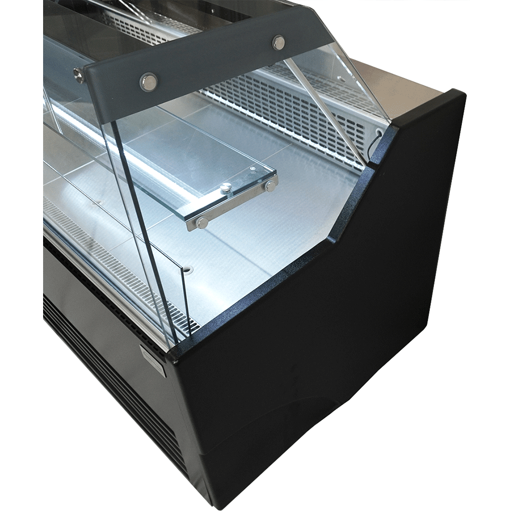 Vitrine réfrigérée de comptoir noire LED et étagère en verre à roulettes 1300