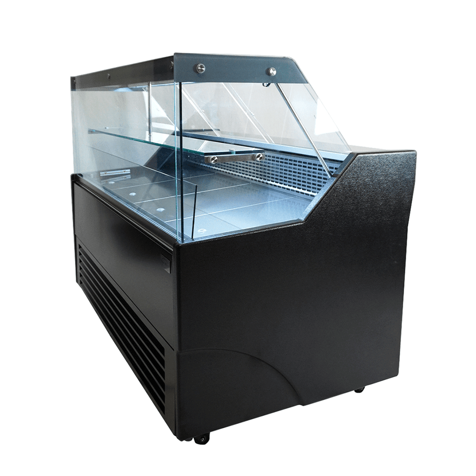 Vitrine réfrigérée de comptoir noire LED et étagère en verre à roulettes 1300