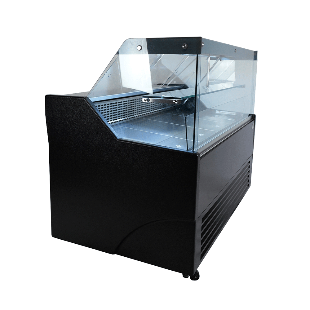 Vitrine réfrigérée de comptoir noire LED et étagère en verre à roulettes 1300