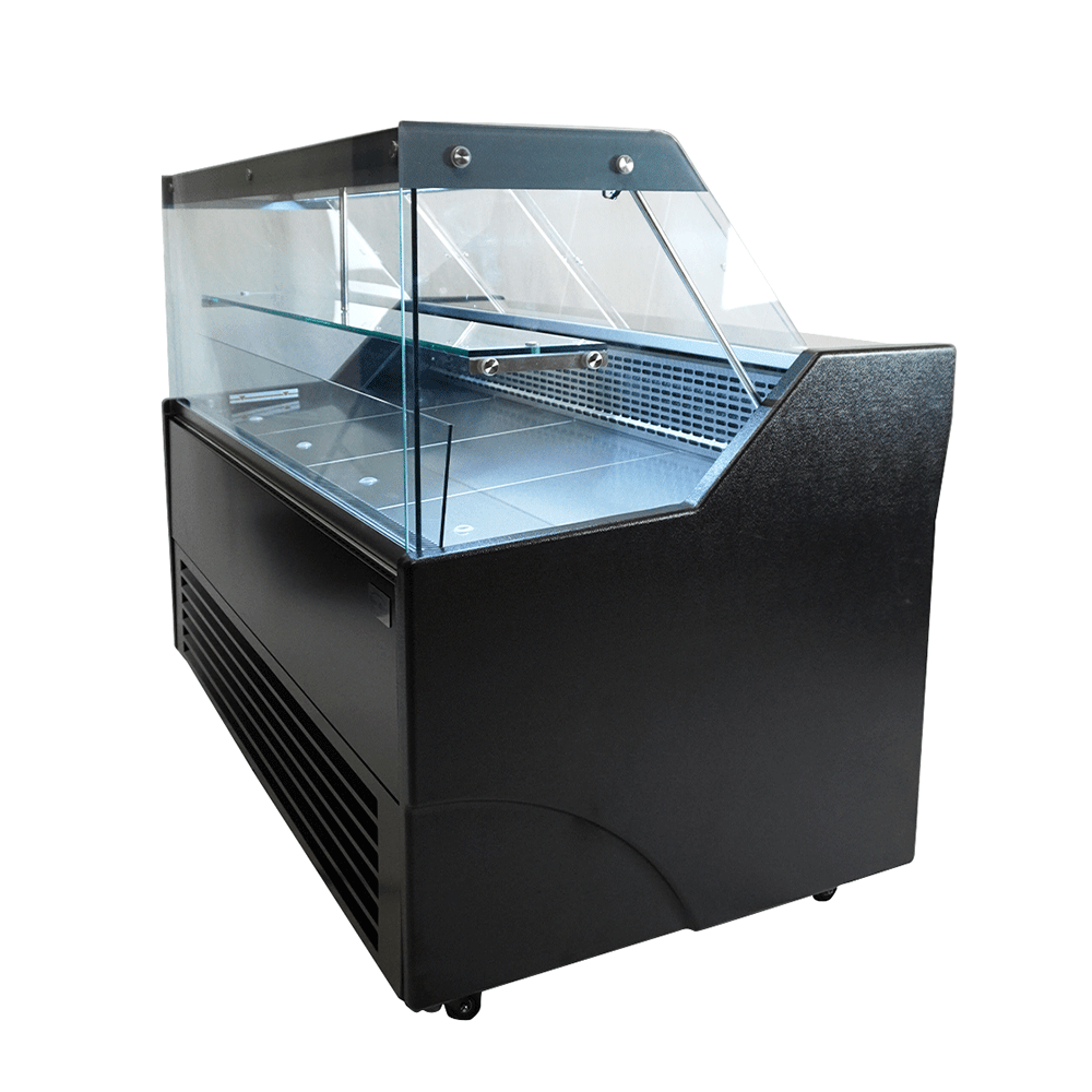 Vitrine réfrigérée de comptoir noire LED et étagère en verre à roulettes 2000