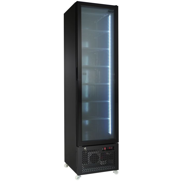 Congélateur professionnel noir étroit 1 porte vitrée de 208L à roulettes