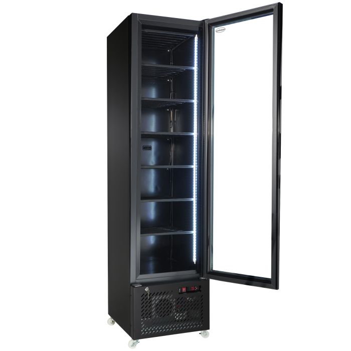 Congélateur professionnel noir étroit 1 porte vitrée de 208L à roulettes