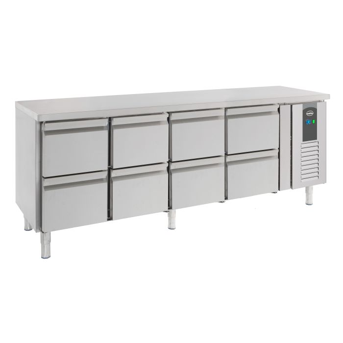 Table réfrigérée 8 tiroirs en inox sur pieds